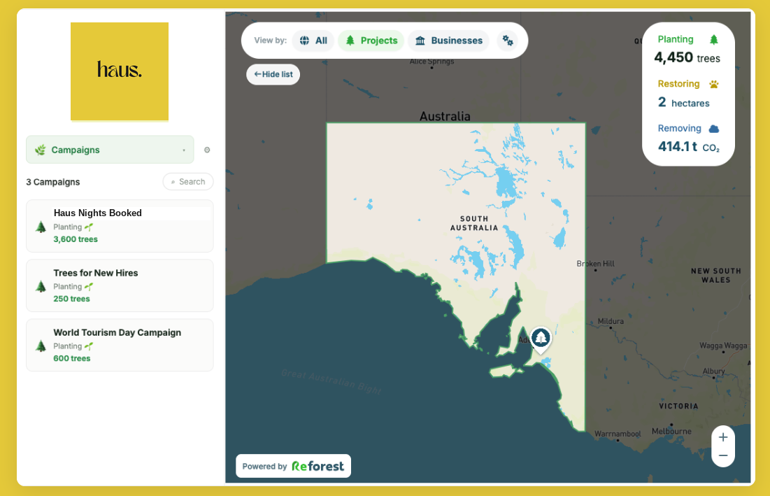 Haus impact dashboard showing planting, restoring and carbon removal figures across South Australian projects